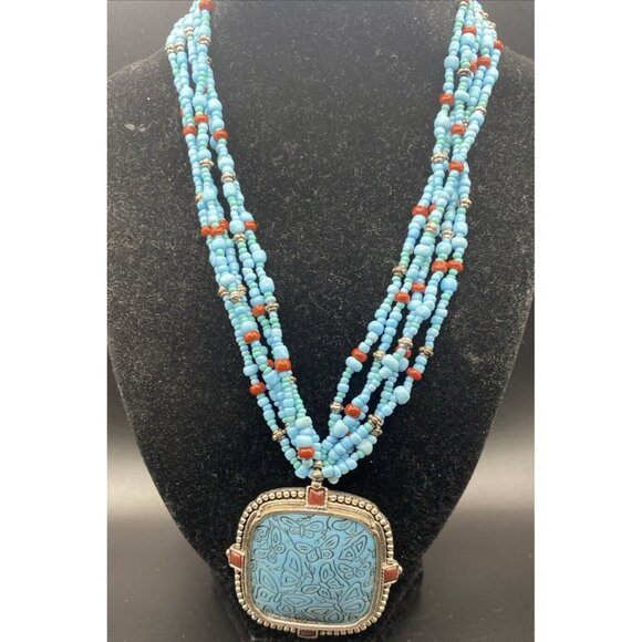 Monet Necklace Turquoise Color Multi Strand Butterfly Silver Tone Pendant 16+2" - Picture 2 of 7